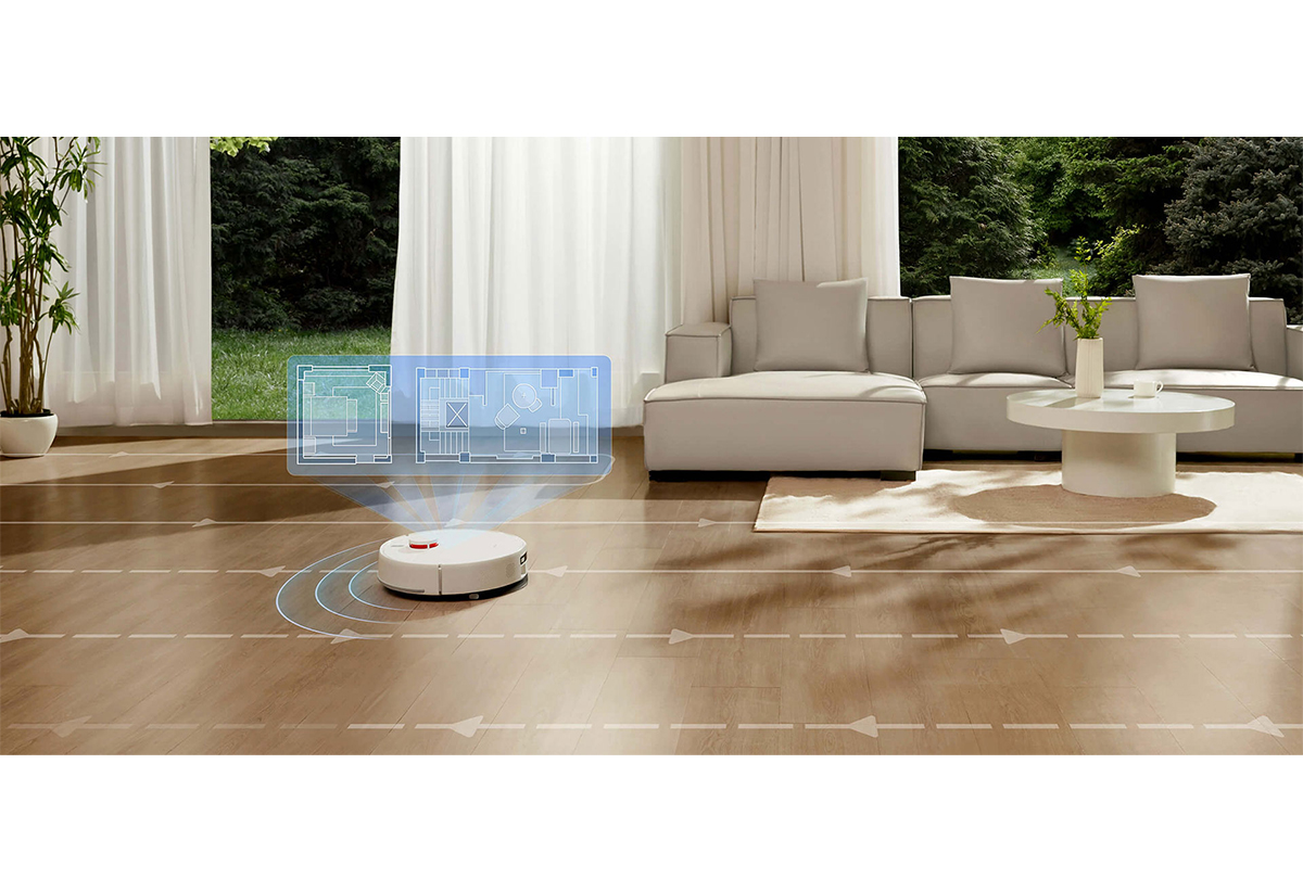 Απεικονίζεται η σκούπα σε λειτουργία χαρτογράφισης κατά τη λειτουργία της.